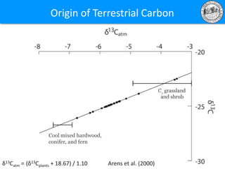 Origin of Terrestrial Carbon
δ13Catm = (δ13Cplants + 18.67) / 1.10 Arens et al. (2000)
Cool mixed hardwood,
conifer, and fern
 