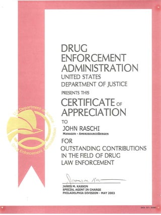 DEA Certificate of Appreciation