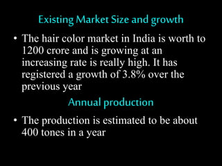 Existing Market Size and growth
• The hair color market in India is worth to
1200 crore and is growing at an
increasing rate is really high. It has
registered a growth of 3.8% over the
previous year
Annual production
• The production is estimated to be about
400 tones in a year
 