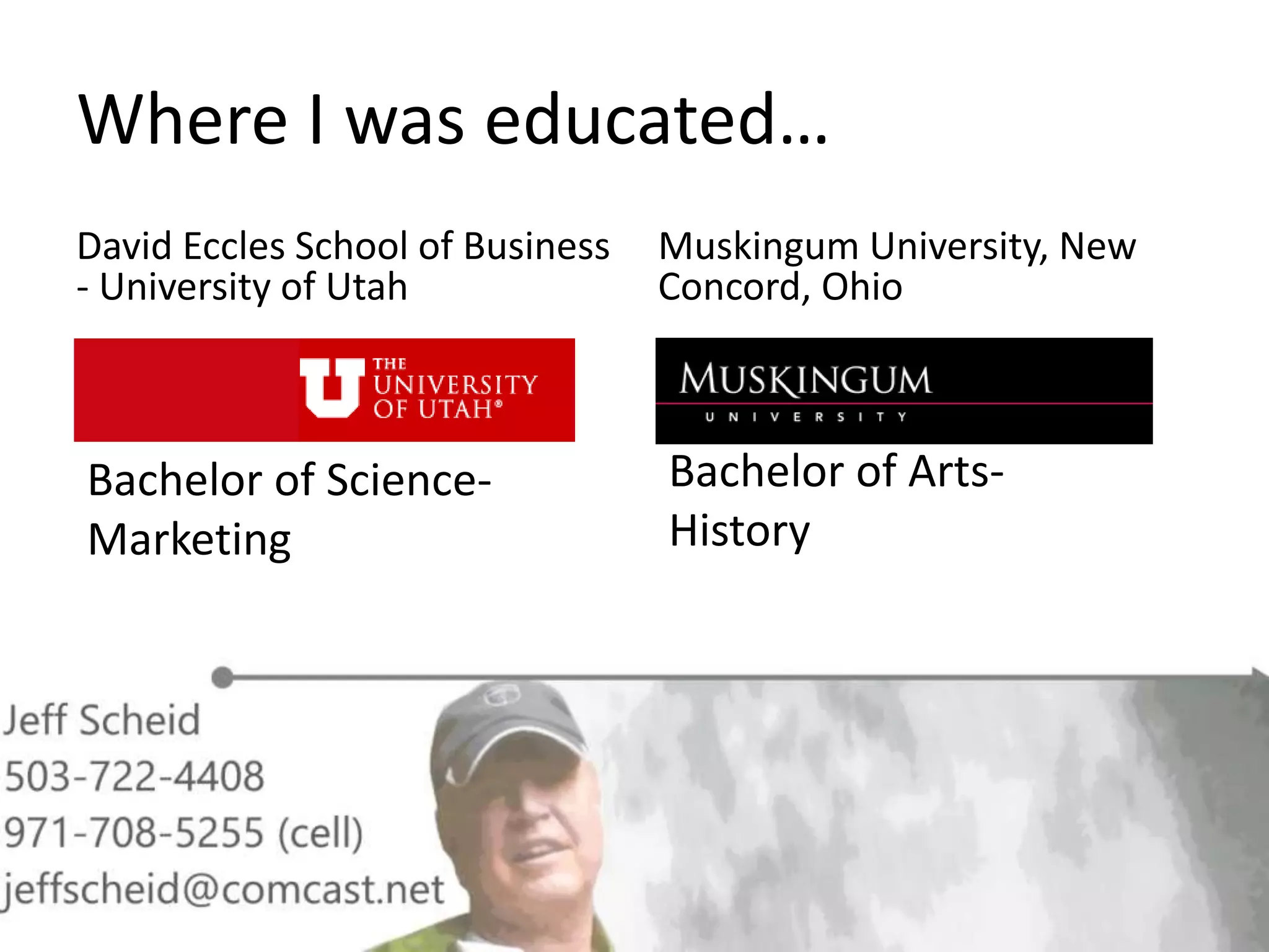 Where I was educated…
David Eccles School of Business
- University of Utah
Muskingum University, New
Concord, Ohio
Bachelor of Science-
Marketing
Bachelor of Arts-
History
 