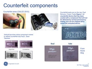 2
GE Title or job number
7/26/2016
Counterfeit components
Counterfeit wires (CALCE 2015): Counterfeit parts are on the rise, Paul
Romano, Fusion Trade Figure 1: A
counterfeit device that has been
coated with a compound that will not
be detected by normal permanency
testing, but can be chipped off to
reveal the remarked device.
From
Kozio
blog
Vertical launches online component market
to defeat counterfeit chip fraud , Dean
Takahasi
 