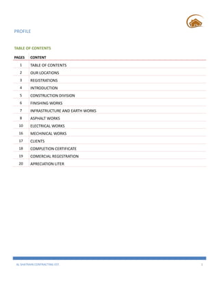 AL SHATRAIN CONTRACTING EST. 1
PROFILE
TABLE OF CONTENTS
PAGES CONTENT
1 TABLE OF CONTENTS
2 OUR LOCATIONS
3 REGISTRATIONS
4 INTRODUCTION
5 CONSTRUCTION DIVISION
6 FINISHING WORKS
7 INFRASTRUCTURE AND EARTH WORKS
8 ASPHALT WORKS
10 ELECTRICAL WORKS
16 MECHINICAL WORKS
17 CLIENTS
18 COMPLETION CERTIFICATE
19 COMERCIAL REGESTRATION
20 APRECIATION LITER
 