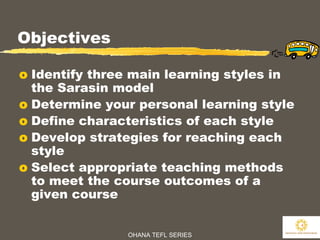OHANA TEFL SERIES
4
Objectives
o Identify three main learning styles in
the Sarasin model
o Determine your personal learning style
o Define characteristics of each style
o Develop strategies for reaching each
style
o Select appropriate teaching methods
to meet the course outcomes of a
given course
 