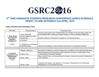 6TH
OISE GRADUATE STUDENTS RESEARCH CONFERENCE (GSRC) SCHEDULE
FRIDAY 1st AND SATURDAY 2nd APRIL, 2016
Panels, Panelists and Presentation Titles
Panel title Presenter Name Presentation Title
1. Brain Based
Learning and
Cognitive
Engagement
Friday
1.Lowe, Stephanie
A Social Constructivist View of Neoliberalism as it Pertains to the Education Quality and
Accountability Office Testing and Howard Gardner's Theory of Multiple Intelligences
2 Buono, Stephanie, (with 1
co-presenter) Emotional Valence and Narrative Competence in Emerging Readers
3. Woodruff
3. Oraegbunem, Annastasia
Onyinyechukwuka Factors of Socialization: Impact of Nature And Nurture In Educational Outcome
2. Inclusive,
Cooperative, And
Collaborative
Education
Friday
1 Edelson, Abbe Lisa Individual and Collective Learning in Response to the Mimico by-the-lake-secondary plan
2 Hamlin, Dan
Reconceptualizing school-based parental involvement through an examination of over
11,000 parental involvement initiatives
3 Malec, Alesia
Affect, Activity Theory, and Accentuating the Positive: Analyzing Successful Collaboration
in the Classroom
4 Parker, Sarah
Creating a third space in the classroom: The fusion of Aboriginal and non-Aboriginal
pedagogies by non-Aboriginal educators
 
