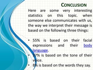 CONCLUSION
Here are some very interesting
statistics on this topic. when
someone else communicates with us,
the way we interpret their message is
based on the following three things:
• 55% is based on their facial
expressions and their body
language.
• 37% is based on the tone of their
voice.
• 8% is based on the words they say.
 