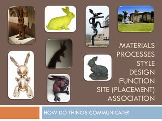 MATERIALS PROCESSES STYLE DESIGN FUNCTION SITE (PLACEMENT) ASSOCIATION HOW DO THINGS COMMUNICATE? 