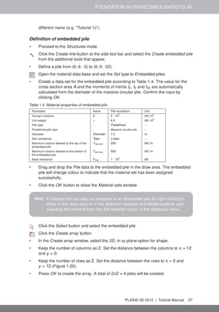 FOUNDATION IN OVERCONSOLIDATED CLAY
different name (e.g. "Tutorial 1c").
Deﬁnition of embedded pile
• Proceed to the Structures mode.
Click the Create line button at the side tool bar and select the Create embedded pile
from the additional tools that appear.
• Deﬁne a pile from (6; 6; -2) to (6; 6; -22).
Open the material data base and set the Set type to Embedded piles.
• Create a data set for the embedded pile according to Table 1.4. The value for the
cross section area A and the moments of inertia I2, I3 and I23 are automatically
calculated from the diameter of the massive circular pile. Conﬁrm the input by
clicking OK.
Table 1.4 Material properties of embedded pile
Parameter Name Pile foundation Unit
Young's modulus E 3 · 107
kN/m2
Unit weight γ 6.0 kN/m3
Pile type - Predeﬁned −
Predeﬁned pile type - Massive circular pile −
Diameter Diameter 1.5 m
Skin resistance Type Linear −
Maximum traction allowed at the top of the
embedded pile
Ttop,max 200 kN/m
Maximum traction allowed at the bottom of
the embedded pile
Tbot,max 500 kN/m
Base resistance Fmax 1 · 104
kN
• Drag and drop the Pile data to the embedded pile in the draw area. The embedded
pile will change colour to indicate that the material set has been assigned
successfully.
• Click the OK button to close the Material sets window.
Hint: A material set can also be assigned to an embedded pile by right-clicking it
either in the draw area or in the Selection explorer and Model explorer and
selecting the material from the Set material option in the displayed menu.
Click the Select button and select the embedded pile.
Click the Create array button.
• In the Create array window, select the 2D, in xy plane option for shape.
• Keep the number of columns as 2. Set the distance between the columns to x = 12
and y = 0.
• Keep the number of rows as 2. Set the distance between the rows to x = 0 and
y = 12 (Figure 1.20).
• Press OK to create the array. A total of 2x2 = 4 piles will be created.
PLAXIS 3D 2012 | Tutorial Manual 27
 
