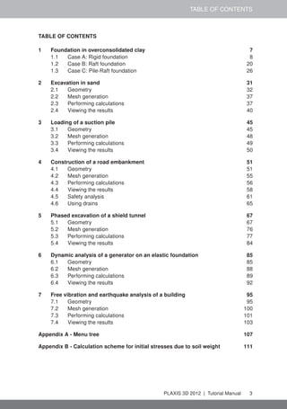 TABLE OF CONTENTS
TABLE OF CONTENTS
1 Foundation in overconsolidated clay 7
1.1 Case A: Rigid foundation 8
1.2 Case B: Raft foundation 20
1.3 Case C: Pile-Raft foundation 26
2 Excavation in sand 31
2.1 Geometry 32
2.2 Mesh generation 37
2.3 Performing calculations 37
2.4 Viewing the results 40
3 Loading of a suction pile 45
3.1 Geometry 45
3.2 Mesh generation 48
3.3 Performing calculations 49
3.4 Viewing the results 50
4 Construction of a road embankment 51
4.1 Geometry 51
4.2 Mesh generation 55
4.3 Performing calculations 56
4.4 Viewing the results 58
4.5 Safety analysis 61
4.6 Using drains 65
5 Phased excavation of a shield tunnel 67
5.1 Geometry 67
5.2 Mesh generation 76
5.3 Performing calculations 77
5.4 Viewing the results 84
6 Dynamic analysis of a generator on an elastic foundation 85
6.1 Geometry 85
6.2 Mesh generation 88
6.3 Performing calculations 89
6.4 Viewing the results 92
7 Free vibration and earthquake analysis of a building 95
7.1 Geometry 95
7.2 Mesh generation 100
7.3 Performing calculations 101
7.4 Viewing the results 103
Appendix A - Menu tree 107
Appendix B - Calculation scheme for initial stresses due to soil weight 111
PLAXIS 3D 2012 | Tutorial Manual 3
 