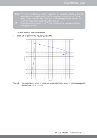 EXCAVATION IN SAND
Hint: To re-enter the Curve generation window (in the case of a mistake, a desired
regeneration or a modiﬁcation), the Curve settings option from the Format
menu can be selected. As a result the Curves settings window appears, on
which the Regenerate button should be clicked.
» The Chart settings option in the Format menu may be used to modify the
settings of the chart.
under Cartesian effective stresses.
• Click OK to conﬁrm the input (Figure 2.11).
Figure 2.11 Vertical effective stress (σ'zz ) versus horizontal effective stress (σ'yy ) at stress point K
located near (37.5; 19; -1.5)
PLAXIS 3D 2012 | Tutorial Manual 43
 