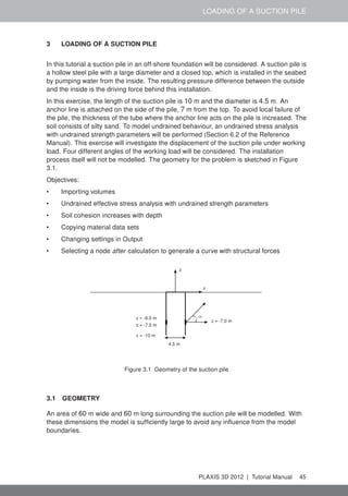 LOADING OF A SUCTION PILE
3 LOADING OF A SUCTION PILE
In this tutorial a suction pile in an off-shore foundation will be considered. A suction pile is
a hollow steel pile with a large diameter and a closed top, which is installed in the seabed
by pumping water from the inside. The resulting pressure difference between the outside
and the inside is the driving force behind this installation.
In this exercise, the length of the suction pile is 10 m and the diameter is 4.5 m. An
anchor line is attached on the side of the pile, 7 m from the top. To avoid local failure of
the pile, the thickness of the tube where the anchor line acts on the pile is increased. The
soil consists of silty sand. To model undrained behaviour, an undrained stress analysis
with undrained strength parameters will be performed (Section 6.2 of the Reference
Manual). This exercise will investigate the displacement of the suction pile under working
load. Four different angles of the working load will be considered. The installation
process itself will not be modelled. The geometry for the problem is sketched in Figure
3.1.
Objectives:
• Importing volumes
• Undrained effective stress analysis with undrained strength parameters
• Soil cohesion increases with depth
• Copying material data sets
• Changing settings in Output
• Selecting a node after calculation to generate a curve with structural forces
z = -6.5 m
z = -7.0 m
z = -7.5 m
z = -10 m
z
x
4.5 m
α
Figure 3.1 Geometry of the suction pile
3.1 GEOMETRY
An area of 60 m wide and 60 m long surrounding the suction pile will be modelled. With
these dimensions the model is sufﬁciently large to avoid any inﬂuence from the model
boundaries.
PLAXIS 3D 2012 | Tutorial Manual 45
 