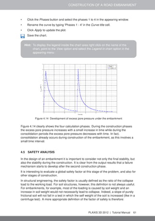 CONSTRUCTION OF A ROAD EMBANKMENT
• Click the Phases button and select the phases 1 to 4 in the appearing window.
• Rename the curve by typing 'Phases 1 - 4' in the Curve title cell.
• Click Apply to update the plot.
Save the chart.
Hint: To display the legend inside the chart area right click on the name of the
chart, point to the View option and select the Legend in chart option in the
appearing menu.
Figure 4.14 Development of excess pore pressure under the embankment
Figure 4.14 clearly shows the four calculation phases. During the construction phases
the excess pore pressure increases with a small increase in time while during the
consolidation periods the excess pore pressure decreases with time. In fact,
consolidation already occurs during construction of the embankment, as this involves a
small time interval.
4.5 SAFETY ANALYSIS
In the design of an embankment it is important to consider not only the ﬁnal stability, but
also the stability during the construction. It is clear from the output results that a failure
mechanism starts to develop after the second construction phase.
It is interesting to evaluate a global safety factor at this stage of the problem, and also for
other stages of construction.
In structural engineering, the safety factor is usually deﬁned as the ratio of the collapse
load to the working load. For soil structures, however, this deﬁnition is not always useful.
For embankments, for example, most of the loading is caused by soil weight and an
increase in soil weight would not necessarily lead to collapse. Indeed, a slope of purely
frictional soil will not fail in a test in which the self weight of the soil is increased (like in a
centrifuge test). A more appropriate deﬁnition of the factor of safety is therefore:
PLAXIS 3D 2012 | Tutorial Manual 61
 