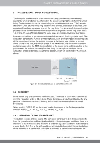 PHASED EXCAVATION OF A SHIELD TUNNEL
5 PHASED EXCAVATION OF A SHIELD TUNNEL
The lining of a shield tunnel is often constructed using prefabricated concrete ring
segments, which are bolted together within the tunnel boring machine to form the tunnel
lining. During the erection of the tunnel lining the tunnel boring machine (TBM) remains
stationary. Once a tunnel lining ring has been fully erected, excavation is resumed, until
enough soil has been excavated to erect the next lining ring. As a result, the construction
process can be divided in construction stages with a length of a tunnel ring, often about
1.5 m long. In each of these stages the same steps are repeated over and over again.
In order to model this, a geometry consisting of slices each 1.5 m long can be used. The
calculation consists of a number of Plastic phases, each of which models the same parts
of the excavation process: the support pressure at the tunnel face needed to prevent
active failure at the face, the conical shape of the TBM shield, the excavation of the soil
and pore water within the TBM, the installation of the tunnel lining and the grouting of the
gap between the soil and the newly installed lining. In each phase the input for the
calculation phase is identical, except for its location, which will be shifted by 1.5 m each
phase.
ﬁnal lining grout
pressure
TBM
contraction of shield
C = 0.5% Cref = 0.5%
Cinc,axial = −0.0667%
Figure 5.1 Construction stages of a shield tunnel model
5.1 GEOMETRY
In the model, only one symmetric half is included. The model is 20 m wide, it extends 80
m in the y direction and it is 20 m deep. These dimensions are sufﬁcient to allow for any
possible collapse mechanism to develop and to avoid any inﬂuence from the model
boundaries.
When starting PLAXIS 3D set the proper model dimensions in the Project properties
window, that is xmin = -20, xmax = 0, ymin = 0 and ymax = 80.
5.1.1 DEFINITION OF SOIL STRATIGRAPHY
The subsoil consists of three layers. The soft upper sand layer is 2 m deep and extends
from the ground surface to Mean Sea Level (MSL). Below the upper sand layer there is a
clay layer of 12 m thickness and this layer is underlain by a stiff sand layer that extends to
a large depth. Only 6 m of the stiff sand layer is included in the model. Hence, the bottom
of the model is 18 m below MSL. Soil layer is assumed to be horizontal throughout the
PLAXIS 3D 2012 | Tutorial Manual 67
 