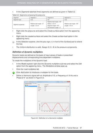 DYNAMIC ANALYSIS OF A GENERATOR ON AN ELASTIC FOUNDATION
• In the Segments tabsheet three segments are deﬁned as given in Table 6.2.
Table 6.2 Segments composing the polycurve
Segment Segment 1 Segment 2 Segment 3
Segment type Line Arc Line
Segment properties
Relative start angle = 90◦
Relative start angle = 0◦
Radius = 0.5 m Relative start angle = 90◦
Length = 0.5 m Segment angle = 90◦
Length = 0.5 m
Discretization angle = 5◦
• Right click the polycurve and select the Create surface option from the appearing
menu.
• Right click the created surface and select the Create surface load option in the
appearing menu.
In the Selection explorer, click the plus sign (+) in front of the SurfaceLoad to extend
the tree.
• The Uniform distribution is valid. Assign (0; 0; -8) to the pressure components.
Deﬁnition of dynamic multipliers
Dynamic loads are deﬁned on the basis of input values of loads or prescribed
displacements and corresponding time-dependent multipliers.
To create the multipliers of the dynamic load:
• In the Model explorer right click the Dynamic multipliers sub-tree and select the Edit
option from the appearing menu. The Multipliers window pops up.
• Click the Load multipliers tab.
Click Add button to introduce a multiplier for the loads.
• Deﬁne a Harmonic signal with an Amplitude of 10, a Frequency of 10 Hz and a
Phase of 0◦
as shown in Figure 6.3.
Figure 6.3 Deﬁnition of a Harmonic multiplier
PLAXIS 3D 2012 | Tutorial Manual 87
 