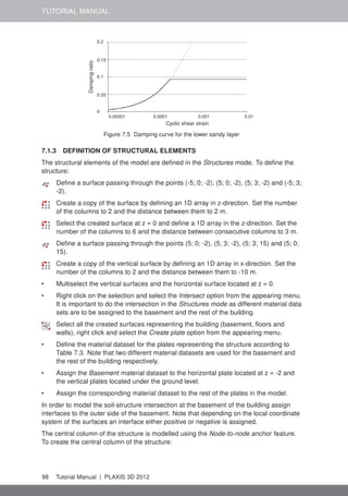 TUTORIAL MANUAL
0
0.2
0.15
0.1
0.05
Dampingratio
Cyclic shear strain
0.00001 0.0001 0.001 0.01
Figure 7.5 Damping curve for the lower sandy layer
7.1.3 DEFINITION OF STRUCTURAL ELEMENTS
The structural elements of the model are deﬁned in the Structures mode. To deﬁne the
structure:
Deﬁne a surface passing through the points (-5; 0; -2), (5; 0; -2), (5; 3; -2) and (-5; 3;
-2).
Create a copy of the surface by deﬁning an 1D array in z-direction. Set the number
of the columns to 2 and the distance between them to 2 m.
Select the created surface at z = 0 and deﬁne a 1D array in the z-direction. Set the
number of the columns to 6 and the distance between consecutive columns to 3 m.
Deﬁne a surface passing through the points (5; 0; -2), (5; 3; -2), (5; 3; 15) and (5; 0;
15).
Create a copy of the vertical surface by deﬁning an 1D array in x-direction. Set the
number of the columns to 2 and the distance between them to -10 m.
• Multiselect the vertical surfaces and the horizontal surface located at z = 0.
• Right click on the selection and select the Intersect option from the appearing menu.
It is important to do the intersection in the Structures mode as different material data
sets are to be assigned to the basement and the rest of the building.
Select all the created surfaces representing the building (basement, ﬂoors and
walls), right click and select the Create plate option from the appearing menu.
• Deﬁne the material dataset for the plates representing the structure according to
Table 7.3. Note that two different material datasets are used for the basement and
the rest of the building respectively.
• Assign the Basement material dataset to the horizontal plate located at z = -2 and
the vertical plates located under the ground level.
• Assign the corresponding material dataset to the rest of the plates in the model.
In order to model the soil-structure intersection at the basement of the building assign
interfaces to the outer side of the basement. Note that depending on the local coordinate
system of the surfaces an interface either positive or negative is assigned.
The central column of the structure is modelled using the Node-to-node anchor feature.
To create the central column of the structure:
98 Tutorial Manual | PLAXIS 3D 2012
 