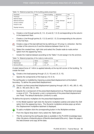 FREE VIBRATION AND EARTHQUAKE ANALYSIS OF A BUILDING
Table 7.3 Material properties of the building (plate properties)
Parameter Name Rest of building Basement Unit
Thickness d 0.3 0.3 m
Material weight γ 33.33 50 kN/m3
Material behaviour - Linear; Isotropic Linear; Isotropic -
Young’s modulus E1 3·107
3·107
kN/m2
Poisson’s ratio ν12 0 0 -
Rayleigh damping
α 0.2320 0.2320 -
β 8·10-3
8·10-3
-
Create a Line through points (0; 1.5; -2) and (0; 1.5; 0) corresponding to the column
in the basement ﬂoor.
• Create a Line through points (0; 1.5; 0) and (0; 1.5; 3) corresponding to the column
in the ﬁrst ﬂoor.
Create a copy of the last deﬁned line by deﬁning an 1D array in z-direction. Set the
number of the columns to 5 and the distance between them to 3 m.
Select the created lines, right click and select the Create node-to-node anchor
option from the appearing menu.
• Create the material dataset according to the Table 7.4 and assign it to the anchors.
Table 7.4 Material properties of the node-to-node anchor
Parameter Name Column Unit
Material type Type Elastic -
Normal stiffness EA 2.5· 106
kN
A static lateral force of 1 kN/m is applied laterally at the top left corner of the building. To
create the load:
Create a line load passing through (-5, 0; 15) and (-5; 3; 15).
• Specify the components of the load as (10; 0; 0).
The earthquake is modelled by imposing a prescribed displacement at the bottom
boundary. To deﬁne the prescribed displacement:
Create a surface prescribed displacement passing through (-80, 0; -40), (80; 0; -40),
(80; 3; -40) and (-80; 3; -40).
• Specify the x-component of the prescribed displacement as Prescribed and assign
a value of 0.01. The dynamic y and z components of the prescribed displacement
are Fixed. The default distribution (Uniform) is valid.
To deﬁne the dynamic multipliers for the prescribed displacement:
• In the Model explorer right click the Dynamic multipliers subtree and select the Edit
option form the appearing menu. The Dynamic multipliers window pops up where
the Displacement multipliers tabsheet is displayed.
To add a multiplier click the corresponding button in the Multipliers window.
• From the Signal drop-down menu select the Table option.
• The ﬁle containing the earthquake data is available in the PLAXIS knowledge base
(http://kb.plaxis.nl/sites/kb.plaxis.nl/ﬁles/kb-downloads/225a.smc). Open the page in
the web browser and copy all the data.
PLAXIS 3D 2012 | Tutorial Manual 99
 
