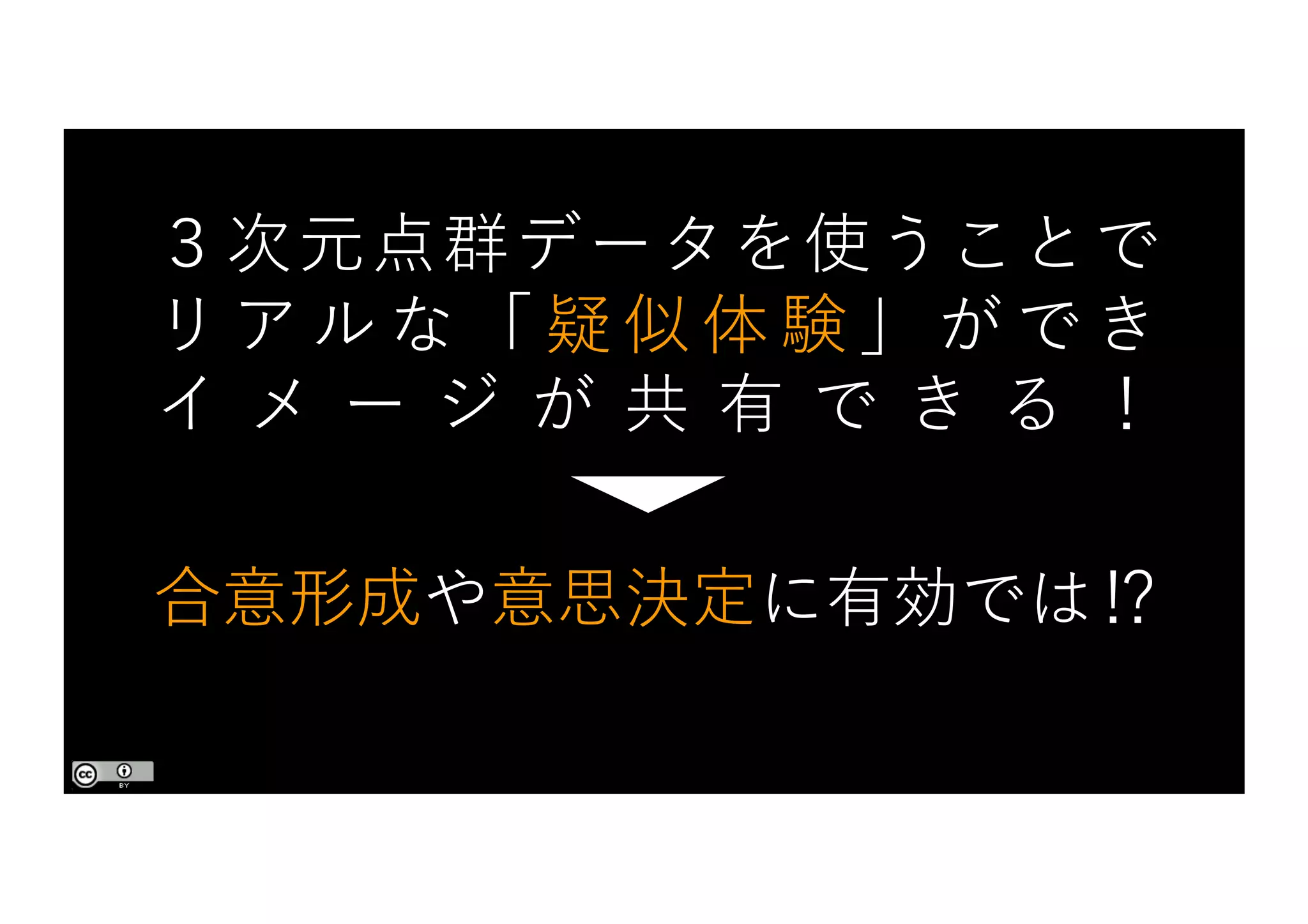 ３次元点群データを使うことで
リ ア ル な 「 疑 似 体 験 」 が で き
イ メ ー ジ が 共 有 で き る ！
合意形成や意思決定に有効では⁉
 