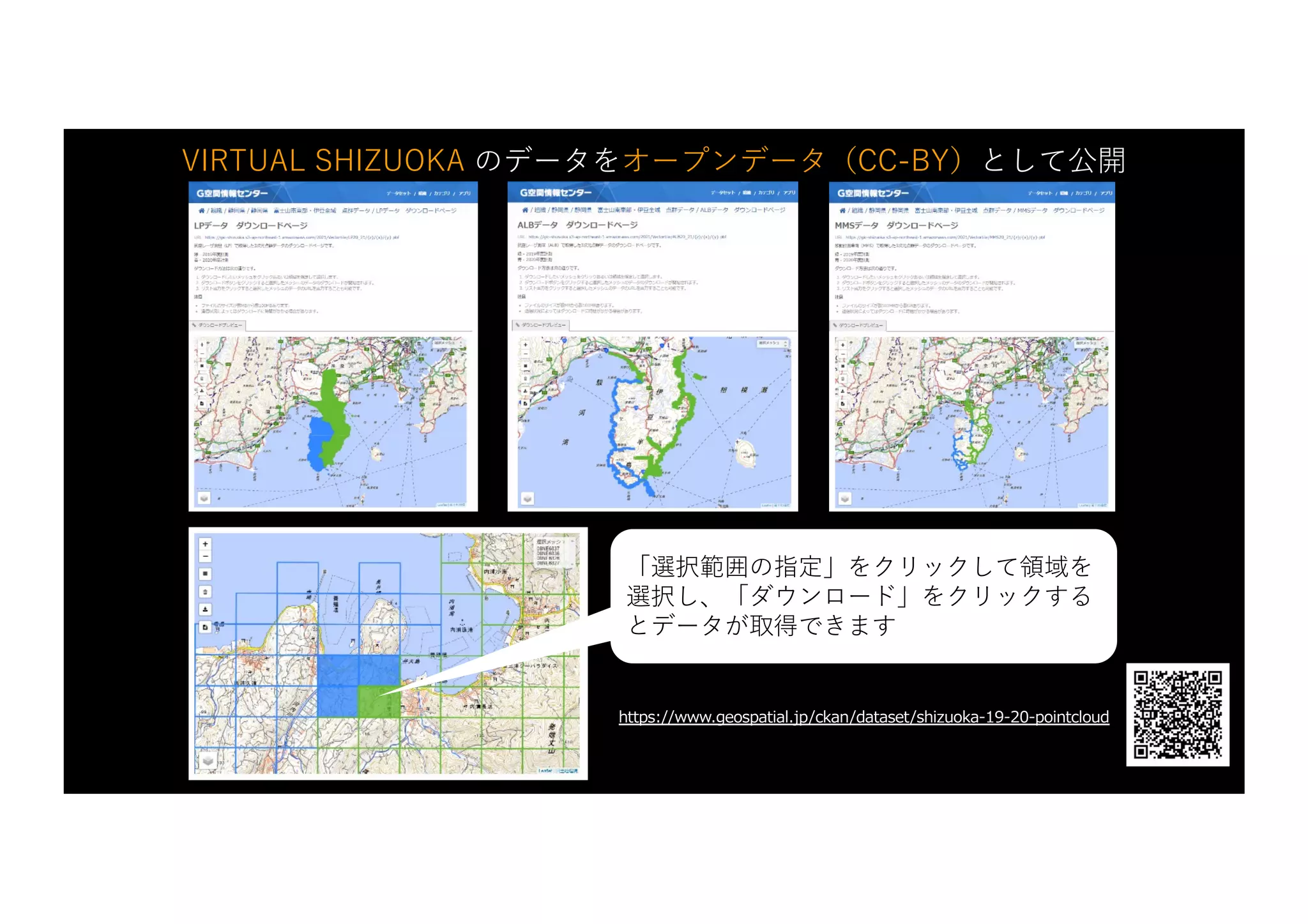 7
https://www.geospatial.jp/ckan/dataset/shizuoka-19-20-pointcloud
LPデータ ダウンロードページ ALBデータ ダウンロードページ MMSデータ ダウンロードページ
「選択範囲の指定」をクリックして領域を
選択し、「ダウンロード」をクリックする
とデータが取得できます
VIRTUAL SHIZUOKA のデータをオープンデータ（CC-BY）として公開
 