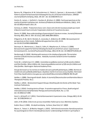 Les Petits Pas
12
Barrera, M., D'Agostino,N.M.,Schneiderman,G.,Tallett,S.,Spencer,L.,& Jovcevska,V.(2007)
Patternsof parental bereavementfollowingthe lossof a childandrelatedfactors. OMEGA
Journalof Deathand Dying, 55(2), 145-167. doi:10.2190/OM.55.2.d
Contro,N.,Larson, J.,Scofield,S.,Sourkes,B.,&Cohen,H. (2002). Familyperspectivesonthe
qualityof pediatricpalliative care. Archivesof Pediatrics& Adolescent Medicine,156(1), 14-9.
doi:10.1001/archpedi.156.1.14.
Corneau,G. (2014). ProductionsCoeur.com. Coeur.com crée de nouveaux projetsqui visent
d'abord etavant toutà stimulerl'expressioncréatrice etl’ouverture ducœur.
Davies,R.(2004). Newunderstandingsof parental grief:Literature review. Journalof Advanced
Nursing, 46(5),506-13. DOI: 10.1111/j.1365-2648.2004.03024.x
D'Agostino,N.M., Berlin-Romalis,D.,Jovcevska,V.,&Barrera,M. (2008). Bereavedparents'
perspectivesontheirneeds. Palliative&SupportiveCare,6(1),33-41.
doi:10.1017/S1478951508000060
Decinque,N., Monterosso,L.,Daad,G.,Sidhu,R.,Macpherson,R., & Aoun,S.(2006).
Bereavementsupportforfamiliesfollowingthe deathof achildfrom cancer:experienceof
bereavedparents. Journalof PsychosocialOncology,24(2),65-83. doi.10.1300/J077v24n02_05
Denborough,D.(2010). Working with memory in the shadow of genocide:Thenarrative
practices of Ibuka trauma counsellors. Adelaide,Australia:DulwichCentre Foundation
International.
Field,M.J.,& Behrman,R.E. (2003). Committeeon palliative and end-of-lifecareforchildren
and their families. When children die: Improving palliativeand end-of-lifecareforchildren and
their families. Washington:National AcademyPress.
Groupe de travail sur lesnormesenmatière de soinspalliatifspédiatriques,(2006). Normesen
matière de soinspalliatifspédiatriques.[Québec]:Santé etservicessociaux Québec. Retrieved
fromhttp://publications.msss.gouv.qc.ca/acrobat/f/documentation/2006/06-902-05.pdf.
Hedtke,L.(2000). Dancingwithdeath. Gecko:A Journalof Deconstruction and NarrativeIdeasin
TherapeuticPractice, No.2.
Hedtke,L.(2012). BereavementSupportGroups:Breathing Lifeinto Stories of the Dead. Taos
Institute Publications.
Hedtke,L (2014). Creatingstoriesof hope: A narrative approachto illness,deathandgrief.
InternationalJournalof NarrativeTherapy and Community Work, No.1,3-10.
doi:10.1002/anzf.1040.
Hunt,S., & Greeff,A.P.(2011). Parental bereavement:A panoramicview. Omega,64(1),41-63.
doi : 10.2190/OM.64.1.d
Jobin,A-M. (2014). Créez la vie quivousressemble, PublierparLe Jour,Montréal,Québec.
Kubler-Ross,E.(1969). On deathand dying. Scribner,New York,N.Y.10020
Moore,K., Talwar,V.,& Moxley-Haegert,L.(2015). Definitionalceremonies:Narrativepractices
for psychologiststoinforminterdisciplinaryteams’understandingof children’sspiritualityin
 
