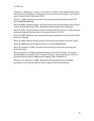 Les Petits Pas
14
Tamasese,K.,Waldegrave,C,Tuhaka,F,& Campbell,W.(1995). Furtheringconversationabout
partnershipsof accountability:Talkingaboutissuesof leadership,ethicandcare. Justtherapy-a
journal. DulwichCentre Publications,97-117.
Wheeler,I.(2001). Parental bereavement:The crisisof meaning. Death Studies,25(1,51-66.
doi:10.1080/07481180126147
White,M(1989). SayingHulloAgain.The incorporationof the lostrelationshipinthe resolution
of grief. Selected papers (pp.37-46). Adelaide,Australia:DulwichCentre Publications.
White,M. (2001). Narrative practice andthe unpackingof identity conclusions. Gecko:A Journal
of Deconstruction and NarrativeIdeasin TherapeuticPractice, (1),28- 55.
White,M. (2005). Workshopnotes.Retrievedfromwww.dulwichcentre.com.au/michael-white-
workshop-notes.pdf
White,M. (2007). Mapsof narrativepractice.W.W. Nortonand Company,New York. London.
White,M. (2009).Cartesdes PratiquesNarratives :Ed. Satas 9782872931132
White,M., & Epston,D. (1990). Narrativemeansto therapeuticends. New York,New York:
W.W. Norton& Co.
White,M. & Epston,D. (2003) Les MoyensNarratifsau Servicede la Thérapie. Titre original :
NarrativeMeansto TherapeuticEnds. Traductionfrançaise : Jean-FrançoisBourse.SATASs.a,
Chaussée de Ninove 1072,B. 1080 Bruxelles,Belgique.ISBN :2-87293-077-9.
Wortman,C. B., & Boerner,K.(2007). Beyond themythsof coping with loss:Prevailing
assumptionsversusscientificevidence. Oxford, England:OxfordUniversityPress.
 