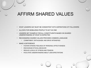 AFFIRM SHARED VALUES
• WHAT LEADERS SAY MUST BE CONSISTENT WITH ASPIRATIONS OF FOLLOWERS
• ALLOWS FOR MOBILIZING PEOPLE TO ACT AS ONE
• LEADERS SET EXAMPLE FOR ALL CONSTITUENTS BASED ON SHARED
UNDERSTANDING OF WHAT IS EXPECTED
• RECOGNIZING SHARED VALUES PROVIDES COMMON LANGUAGE
• COMMITMENT, ENTHUSIASM, AND DRIVE INTENSIFIED
• MAKE A DIFFERENCE
• FOSTER STRONG FEELINGS OF PERSONAL EFFECTIVENESS
• ENCOURAGE ETHICAL BEHAVIOR
• REDUCE LEVELS OF STRESS AND TENSION
• FACILITATE UNDERSTANDING ABOUT JOB EXPECTATIONS
 