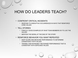 HOW DO LEADERS TEACH?
• CONFRONT CRITICAL INCIDENTS
• RESPOND TO DISRUPTIVE OCCURRENCES IN WAYS THAT REINFORCE
CORE VALUES
• TELL STORIES
• PUBLICLY GIVES EXAMPLES OF WHAT TEAM MEMBERS DO TO LIVE THE
VALUES
• MENTION THE MORAL AT THE END OF THE STORY
• REINFORCE BEHAVIOR YOU WANT REPEATED
• KEEP SCORE AND MEASURE PERFORMANCE TO DETERMINE
CONSISTENCY WITH VALUES
• TANGIBLY AND INTANGIBLY RECOGNIZE PERFORMANCE THAT IS
CONSISTENT WITH ESPOUSED VALUES
 