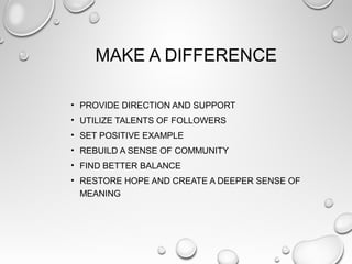 MAKE A DIFFERENCE
• PROVIDE DIRECTION AND SUPPORT
• UTILIZE TALENTS OF FOLLOWERS
• SET POSITIVE EXAMPLE
• REBUILD A SENSE OF COMMUNITY
• FIND BETTER BALANCE
• RESTORE HOPE AND CREATE A DEEPER SENSE OF
MEANING
 