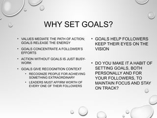 WHY SET GOALS?
• VALUES MEDIATE THE PATH OF ACTION;
GOALS RELEASE THE ENERGY
• GOALS CONCENTRATE A FOLLOWER’S
EFFORTS
• ACTION WITHOUT GOALS IS JUST BUSY-
WORK
• GOALS GIVE RECOGNITION CONTEXT
• RECOGNIZE PEOPLE FOR ACHIEVING
SOMETHING EXTRAORDINARY
• LEADERS MUST AFFIRM WORTH OF
EVERY ONE OF THEIR FOLLOWERS
• GOALS HELP FOLLOWERS
KEEP THEIR EYES ON THE
VISION
• DO YOU MAKE IT A HABIT OF
SETTING GOALS, BOTH
PERSONALLY AND FOR
YOUR FOLLOWERS, TO
MAINTAIN FOCUS AND STAY
ON TRACK?
 