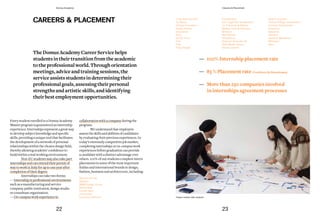 Project revision with students
— 100%Internshipplacementrate
— 83%Placementrate (Certificate	by	Demoskopea)
— Morethan250 companiesinvolved
ininternshipsagreementprocesses
Crea International
De Beers
Design Innovation
Diego Dolcini
Dsquared
Elica
Emilio Pucci
Fiat
Flos
Frog Design
Futurebrand
Karl Lagerfeld Amsterdam
La Triennale di Milano
Matteo Thun & Partners
Moncler
Neil Barrett
Pambianco
Proenza Schouler NY
RCS Media Group
Studio Lissoni
Studio Urquiola
Tommy Hilfiger Amsterdam
Triumph Switzerland
Trussardi
Valentino
Versace
Vivienne Westwood
Whirlpool
Zara
CAREERS & PLACEMENT
TheDomusAcademyCareerServicehelps
studentsintheirtransitionfromtheacademic
totheprofessionalworld.Throughorientation
meetings,adviceandtrainingsessions,the
serviceassistsstudentsindeterminingtheir
professionalgoals,assessingtheirpersonal
strengthsandartisticskills,andidentifying
theirbestemploymentopportunities.
EverystudentenrolledinaDomusAcademy
Masterprogramisguaranteed an internship
experience.Internshipsrepresentagreatway
todevelopsubjectknowledge and specific
skills,providingaunique tool thatfacilitates
thedevelopmentofanetwork ofpersonal
relationshipswithinthechosen design field,
therebyallowingstudents’ confidence to
buildwithinarealworkingenvironment.
Non-EUstudentsmayalsotake part
internshipsandcanextend their permitof
staytoworkinItalyforup toone year after
completionoftheirdegree.
Internshipscantake twoforms:
—Internshipinprofessional environments
suchas amanufacturingand service
company,public institution, design studio
or consultant organization.
—On-campusworkexperience in
collaborationwith a company duringthe
program.
Weunderstandthatemployers
assesstheskills andabilities ofcandidates
byevaluating theirprevious experiences. In
today’sextremely competitivejobmarket,
completing internships oron-campus work
experiences beforegraduationcanprovide
acandidatewith a distinctadvantageover
others.100% ofourstudents completeintern
placements insomeofthemostimportant
Italian andinternationalbrands indesign,
fashion,business andarchitecture,including:
Alberta Ferretti
Bastard
BMW Design Group
Borbonese
Condé Nast
Continuum
Costume National
22 23
Domus Academy Careers & Placement
 