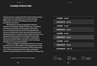 COURSE ects 6
WORKSHOP ects 6
COURSE ects 6
WORKSHOP ects 6
COURSE ects 6
COURSE ects 6
INTERNSHIP ects 12
WORKSHOP ects 6
WORKSHOP ects 6
Core
Workshop
Elective
Workshop
Free Choice
Workshop
	Each	program*	is	organized	in	four	main	modules	lasting	
eight weekseachincludingcoursesandworkshops,
followed	by	a	8	weeks	internship	period	and	a	final	
portfoliopresentation.
Workshopsareprojectassignmentsthatgive
students	a	working	knowledge	of	different	core	subjects	
relevant	to	the	specific	master	program.	Workshop	
start	with	the	presentation	of	the	brief	defined	by	the	
facultyincollaborationwithexternalprofessionalsand
industrial partners.Studentswillbesupportedbylectures
aiming	at	broadening	their	knowledge	on	the	specific	
theme,involvingdesigners,researchers,stakeholders
and representativesofthecompanies.Eachworkshop
culminatesinanopenpresentation.
Courses,throughacombinationoflectures,exercise
and tutorials,providestudentswiththeappropriatetools
and experiencesforthedevelopmentoftheirprofessional
career.Theyencompassbothcoretopics,andtopics
relatedtothedevelopmentofeachindividualworkingstyle.
COURSE STRUCTURE
* except for the Master in Urban Vision & Architectural Design
34 35
Domus Academy Course structure
 