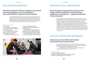 Now,youcanboostyourprofessionalandacademiccredentialsatonceby
earningaMaster’s-LevelCertificatefromDomusAcademy.Theeight-week
Master’s-LevelCertificateisdeliveredthroughanintensive,hands-on
workshopindesignorfashion.Guidedbyseniorprofessionals,youwillbe
challengedtocreateanactualprojectforanItalianorinternationalcompany
ordesignerinasimulateddesignstudioenvironment.Attheprogram’s
conclusion,you’llhavetheexcitingchancetopresentyourideastocompany/
studiorepresentatives.You’llmakevaluablecontactswithyourpeers,faculty
expertsandindustryprofessionals—connectionsyoucanleveragetoescalate
yourcareertrajectoryindesign.Andyou’llupdateandexpandyourportfolio
intheprocess.
MASTER'S-LEVEL CERTIFICATES
ON-LINE CERTIFICATE PROGRAMS
Want to broaden your professional experience in the
design or fashion world? Want to solve real design
problems for real companies — companies known both
in Italy and abroad?
Enhance	your	creative	skillset	and	maximize	
the potential for career advancement.
EarnyourDomusAcademyonlinecertificatein less than 12 months by
enrolling in a flexible, online program. Learn from industry professionals,
delivering practical skills and industry knowledge.
Study with like-minded students fromaroundtheworldina
convenientglobalonline learning environment.
PROGRAMS OFFERED
— Certificate in Design Management
— Certificate in Entrepreneurship for the Creative Professions
— Certificate in Digital Design and Communication
PRE-MASTER'S PROGRAM
TheDomusAcademyPre-Master’sProgramisafour-month
intensive postgraduate course that will prepare
you to attend a Master's program at Domus Academy.
Created for graduates who have at least three years of university-level study,
the Pre-Master’s Program will give you the foundational understanding of
design required to attend the master’s-level programs at Domus Academy. It
will also provide you with valuable opportunities to construct a professional
portfolio under the guidance of mentors who are experts in the field.
Domus Academy students, wallpaper illustration drawing by Olimpia Zagnoli
WHAT YOU WILL LEARN
You will develop:
— Your knowledge of broad design
domains and your practical skills within
each of these domains
— A clear understanding of the range
of themes and processes relevant
to a specialized area of study
— A professional portfolio in your area
of interest, following the guidelines
for admission to master’s-level programs
at Domus Academy
— The technical skills and organizational
abilities required for master’s-level learning,
acquired through labs and project activities
— A variety of techniques and tools to better
communicate and present your design ideas
66 67
Domus Academy Other Courses
 