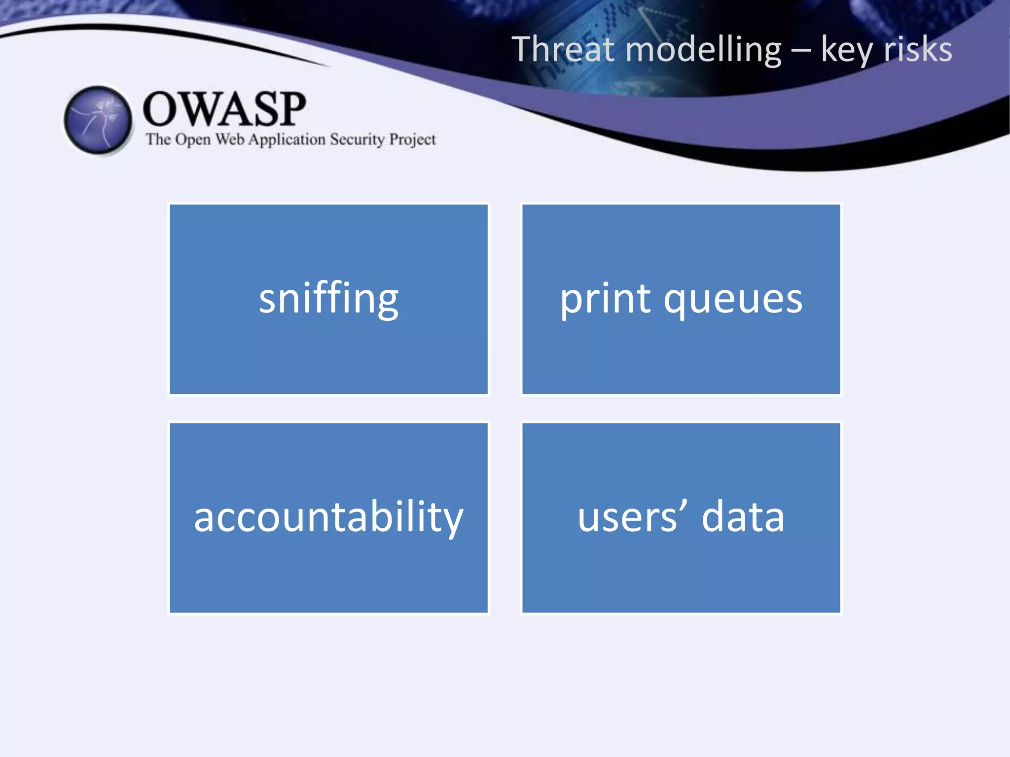 Threat modelling – key risks
sniffing print queues
accountability users’ data
 