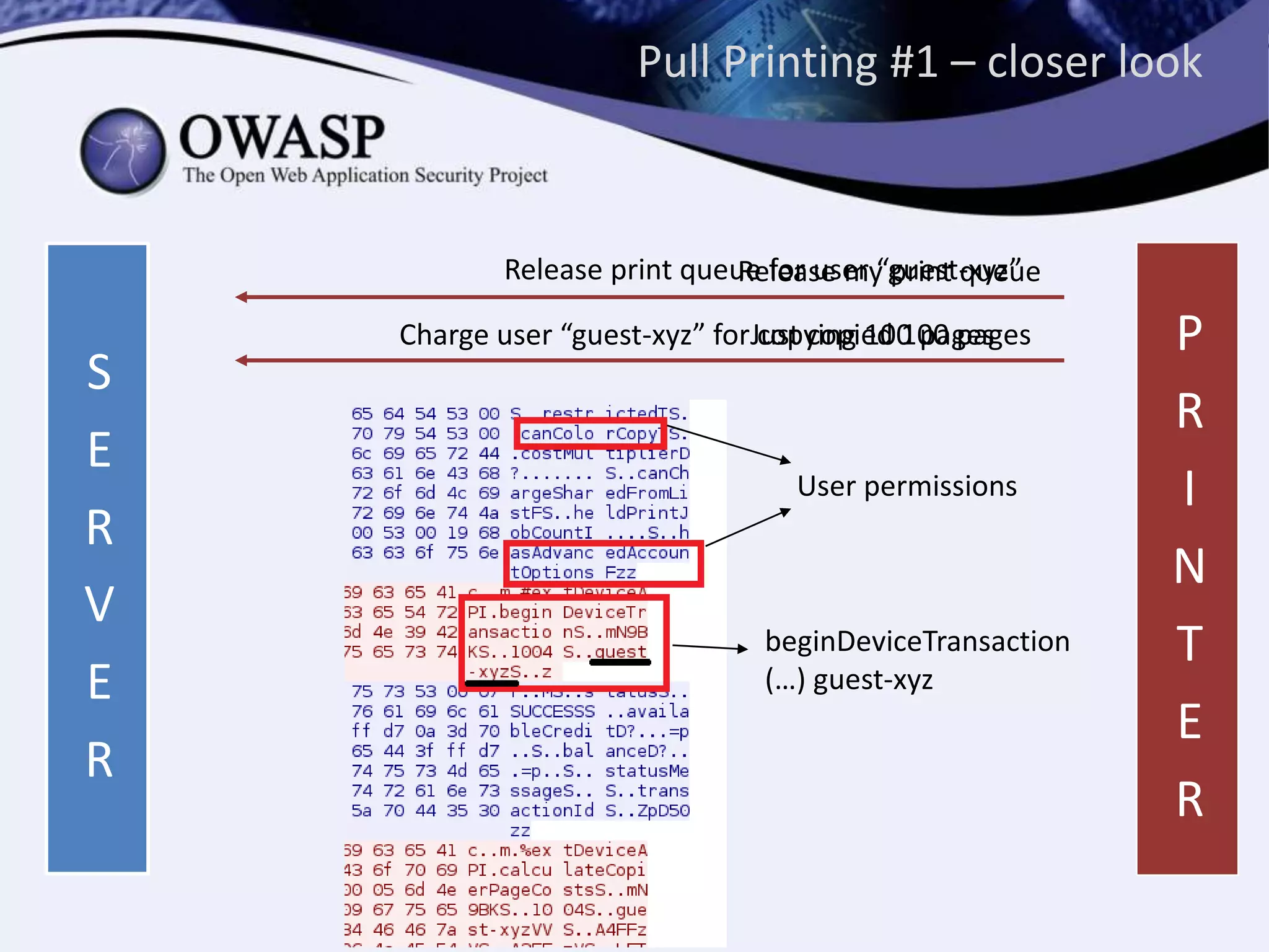 Charge user “guest-xyz” for copying 100 pages
Pull Printing #1 – closer look
Release my print queue
Just copied 100 pages
User permissions
beginDeviceTransaction
(…) guest-xyz
Release print queue for user “guest-xyz”
S
E
R
V
E
R
P
R
I
N
T
E
R
 