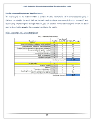 A Project on Induction & Performance Review Methodology for Graduate Engineering Trainees.
23
Plotting positions in the matrix, based on scores:
The ideal way to use the matrix would be to combine it with a clearly listed set of items in each category, so
that you can pinpoint the good, bad and the ugly, while retaining some numerical scores to quantify your
review.Using simple weighted average methods, you can create a review list which gives you an axis based
point system, helping you plot the employee’s position in the matrix.
Here’s an example for a Graduate Engineer
 