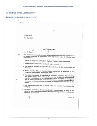 A Project on Induction & Performance Review Methodology for Graduate Engineering Trainees.
24
4.5 Sample Offer Letter Copy - 1
(Engineering Industry Specific)
 