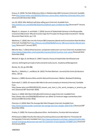 11
140059924
Knauss,D. (2010) The Role Of BusinessEthics In RelationshipsWith Customers [Internet].Available
fromhttp://www.forbes.com/2010/01/19/knauss-clorox-ethics-leadership-citizenship-ethics.html
[Accessed12thDecember2016].
Lee,M. (2015) Why Walmartwill keep selling guns [Internet].Available from
http://edition.cnn.com/2015/06/25/politics/walmart-guns-confederate-flag/[Accessed3rd
January
2017].
Majoch, A.,Hoepner,A.andHebb,T. (2014) Sourcesof StakeholderSalience inthe Responsible
InvestmentMovement:WhyDoInvestorsSignthe PrinciplesforResponsibleInvestment?. Henley
Discussion PaperSeries, pp.2-33.
Matthews,C.(2016) Here Are the Fortune500 CompaniesLiberalsand ConservativesHatetheMost
[Internet].Availablefrom http://fortune.com/2016/06/06/fortune-500-conservatives-liberals-love-
hate/ [Accessed3rd
January 2017].
Melville-Ross,T.(2013) Ethical business:companiesneed to earn ourtrust [Internet].Available from
https://www.theguardian.com/sustainable-business/ethical-business-trust-values[Accessed22nd
December2016].
Mitchell,R.Agle,B.and Wood,D. (1997) Towarda theoryof stakeholderidentificationand
salience:definingthe principle of whoandwhatreallycounts. Academy of Management
Review, 22, (4), pp.853–886.
Morillo, J.,McNallly,C.,andBlock,W. (2015) The Real Walmart. Journalof theCentre forBusiness
Ethics, 120 (3).
Newton,L.(2005) BusinessEthics and the NaturalEnvironment.Malden,Blackwell Publishing.
Osterndorf,C.(2015) 10 reasonsWal-Martisthe worstcompany in America [Internet].Available
from
http://www.salon.com/2015/05/25/10_reasons_wal_mart_is_the_worst_company_in_america_par
tner/ [Accessed30th
December2016].
Owens,C.(2016) Wal-MartCAN afford $15 minimumwage [Internet].Availablefrom
http://www.cnbc.com/2016/06/03/walmart-can-afford-15-minimum-wage-commentary.html
[Accessed28thDecember2016].
Peterson,H.(2014) MeetThe AverageWal-MartShopper[Internet].Available from
http://www.businessinsider.com/meet-the-average-wal-mart-shopper-2014-9?IR=T[Accessed30th
December2016].
Pratley,P.(1995) The Essenceof BusinessEthics. Hertfordshire,Prentice Hall International.
PR Newswire(2002) Timothy Plan MutualFund Group DenouncesWal-MartFor'Promotion Of
Pornography'[Internet].Available from http://www.prnewswire.com/news-releases/timothy-plan-
mutual-fund-group-denounces-wal-mart-for-promotion-of-pornography-76738487.html [Accessed
2nd January2017].
 