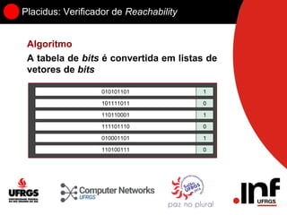 Placidus: Verificador de Reachability
Algoritmo
A tabela de bits é convertida em listas de
vetores de bits
010101101 1
101111011 0
110110001 1
111101110 0
010001101 1
110100111 0
 