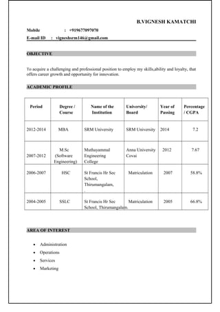 B.VIGNESH KAMATCHI
Mobile : +919677097070
E-mail ID : vigneshsrm146@gmail.com
OBJECTIVE
To acquire a challenging and professional position to employ my skills,ability and loyalty, that
offers career growth and opportunity for innovation.
ACADEMIC PROFILE
Period Degree /
Course
Name of the
Institution
University/
Board
Year of
Passing
Percentage
/ CGPA
2012-2014 MBA SRM University SRM University 2014 7.2
2007-2012
M.Sc
(Software
Engineering)
Muthayammal
Engineering
College
Anna University
Covai
2012 7.67
2006-2007 HSC St Francis Hr Sec
School,
Thirumangalam,
.
Matriculation 2007 58.8%
2004-2005 SSLC St Francis Hr Sec
School, Thirumangalam.
Matriculation 2005 66.8%
AREA OF INTEREST
• Administration
• Operations
• Services
• Marketing
 