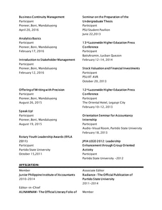 Business Continuity Management
Participant
Pioneer, Boni, Mandaluyong
April 20, 2016
Analytics Basics
Participant
Pioneer, Boni, Mandaluyong
February 17, 2016
Introduction to Stakeholder Management
Participant
Pioneer, Boni, Mandaluyong
February 12, 2016
Offering of Writing with Precision
Participant
Pioneer, Boni, Mandaluyong
August 26, 2015
Speak Up!
Participant
Pioneer, Boni, Mandaluyong
August 19, 2015
Rotary Youth Leadership Awards (RYLA
2011)
Participant
Partido State University
October 15,2011
Seminar on the Preparation of the
Undergraduate Thesis
Participant
PSU Student Pavilion
June 22,2013
13thLuzonwide Higher Education Press
Conference
Participant
BatisAramin, Lucban Quezon
February 12-14, 2014
Stock Valuation and Financial Investments
Participant
PSU IIT AVR
October 20, 2013
12thLuzonwide Higher Education Press
Conference
Participant
The Oriental Hotel, Legaspi City
February 10-12, 2013
Orientation Seminar for Accountancy
Internship
Participant
Audio-Visual Room, Partido State University
February 18, 2013
JPIA LEGO 2012: Leadership
Enhancement through Group Oriented
Activity
Participant
Partido State University -2012
AFFILIATION:
Member
Junior Philippine Institute of Accountants
2010-2014
Associate Editor
Radiance- The Official Publication of
Partido State University
2011-2014
Editor-in-Chief
ALINAWNAW- The Official Literary Folio of Member
 