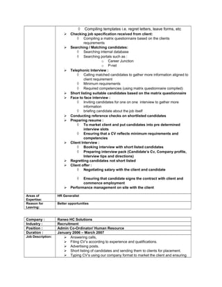 ◊ Compiling templates i.e. regret letters, leave forms, etc
 Checking job specification received from client:
◊ Compiling a matrix questionnaire based on the clients
requirements
 Searching / Matching candidates:
◊ Searching internal database
◊ Searching portals such as :
o Career Junction
o P-net
 Telephonic Interview :
◊ Calling matched candidates to gather more information aligned to
client requirement
◊ Minimum requirements
◊ Required competencies (using matrix questionnaire compiled)
 Short listing suitable candidates based on the matrix questionnaire
 Face to face interview :
◊ Inviting candidates for one on one interview to gather more
information
◊ briefing candidate about the job itself
 Conducting reference checks on shortlisted candidates
 Preparing resume :
◊ To market client and put candidates into pre determined
interview slots
◊ Ensuring that a CV reflects minimum requirements and
competencies
 Client Interview :
◊ Booking interview with short listed candidates
◊ Preparing interview pack (Candidate’s Cv, Company profile,
Interview tips and directions)
 Regretting candidates not short listed
 Client offer :
◊ Negotiating salary with the client and candidate
◊ Ensuring that candidate signs the contract with client and
commence employment
 Performance management on site with the client
Areas of
Expertise:
HR Generalist
Reason for
Leaving:
Better opportunities
Company : Raneo HC Solutions
Industry : Recruitment
Position : Admin Co-Ordinator/ Human Resource
Duration : January 2006 – March 2007
Job Description:  Answering calls,
 Filing CV’s according to experience and qualifications.
 Advertising posts.
 Short listing of candidates and sending them to clients for placement.
 Typing CV’s using our company format to market the client and ensuring
 