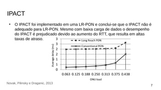 IPACT
●
O IPACT foi implementado em uma LR-PON e conclui-se que o IPACT não é
adequado para LR-PON. Mesmo com baixa carga de dados o desempenho
do IPACT é prejudicado devido ao aumento do RTT, que resulta em altas
taxas de atraso.
7
Novak, Pilinsky e Draganic, 2013
 