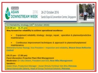 9th Asian Sown stream Week Speaker talks on Reliability Strategy and Way forward to Reliability for achieving Operational Excellence