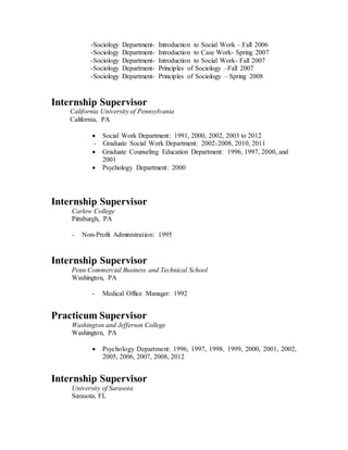 -Sociology Department- Introduction to Social Work – Fall 2006
-Sociology Department- Introduction to Case Work- Spring 2007
-Sociology Department- Introduction to Social Work- Fall 2007
-Sociology Department- Principles of Sociology –Fall 2007
-Sociology Department- Principles of Sociology – Spring 2008
Internship Supervisor
California University of Pennsylvania
California, PA
 Social Work Department: 1991, 2000, 2002, 2003 to 2012
- Graduate Social Work Department: 2002-2008, 2010, 2011
 Graduate Counseling Education Department: 1996, 1997, 2000, and
2001
 Psychology Department: 2000
Internship Supervisor
Carlow College
Pittsburgh, PA
- Non-Profit Administration: 1995
Internship Supervisor
Penn Commercial Business and Technical School
Washington, PA
- Medical Office Manager: 1992
Practicum Supervisor
Washington and Jefferson College
Washington, PA
 Psychology Department: 1996, 1997, 1998, 1999, 2000, 2001, 2002,
2005, 2006, 2007, 2008, 2012
Internship Supervisor
University of Sarasota
Sarasota, FL
 