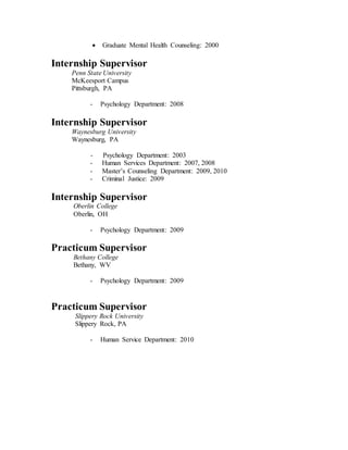  Graduate Mental Health Counseling: 2000
Internship Supervisor
Penn State University
McKeesport Campus
Pittsburgh, PA
- Psychology Department: 2008
Internship Supervisor
Waynesburg University
Waynesburg, PA
- Psychology Department: 2003
- Human Services Department: 2007, 2008
- Master’s Counseling Department: 2009, 2010
- Criminal Justice: 2009
Internship Supervisor
Oberlin College
Oberlin, OH
- Psychology Department: 2009
Practicum Supervisor
Bethany College
Bethany, WV
- Psychology Department: 2009
Practicum Supervisor
Slippery Rock University
Slippery Rock, PA
- Human Service Department: 2010
 