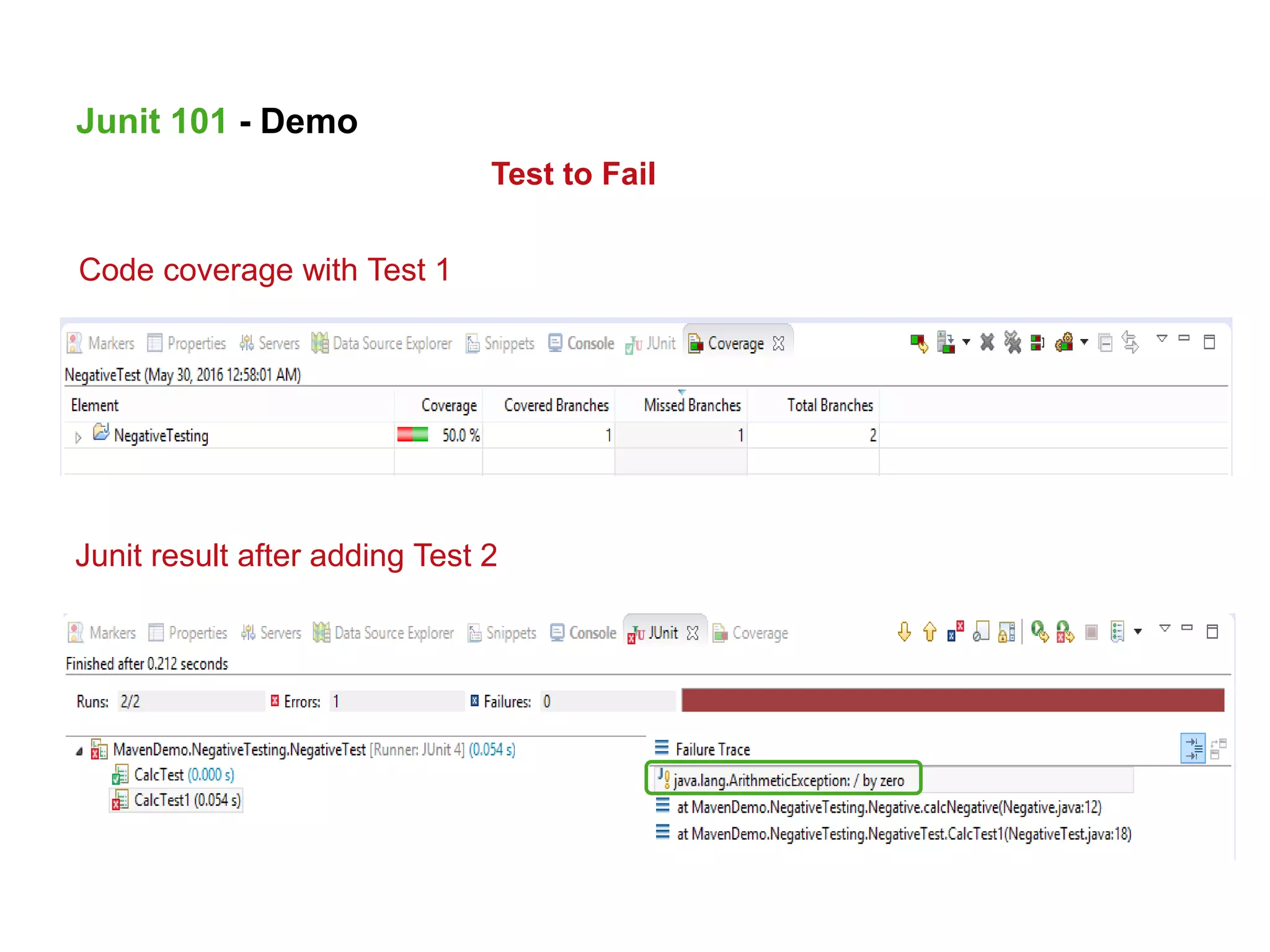 Test to Fail
Junit 101 - Demo
Code coverage with Test 1
Junit result after adding Test 2
 