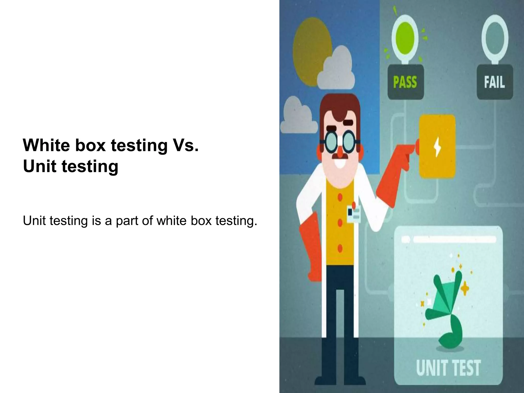 White box testing Vs.
Unit testing
Unit testing is a part of white box testing.
 