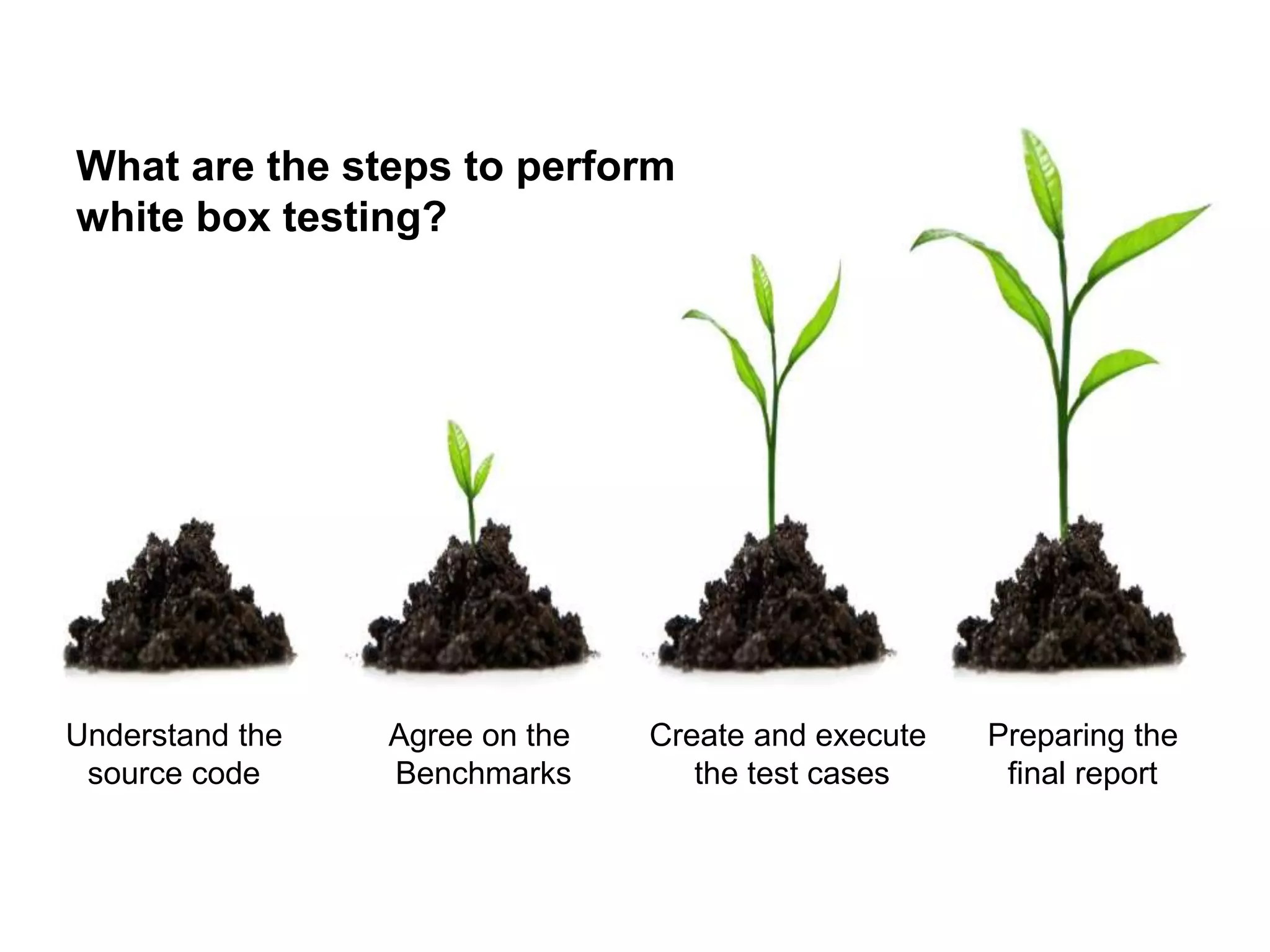 What are the steps to perform
white box testing?
Understand the
source code
Agree on the
Benchmarks
Create and execute
the test cases
Preparing the
final report
 