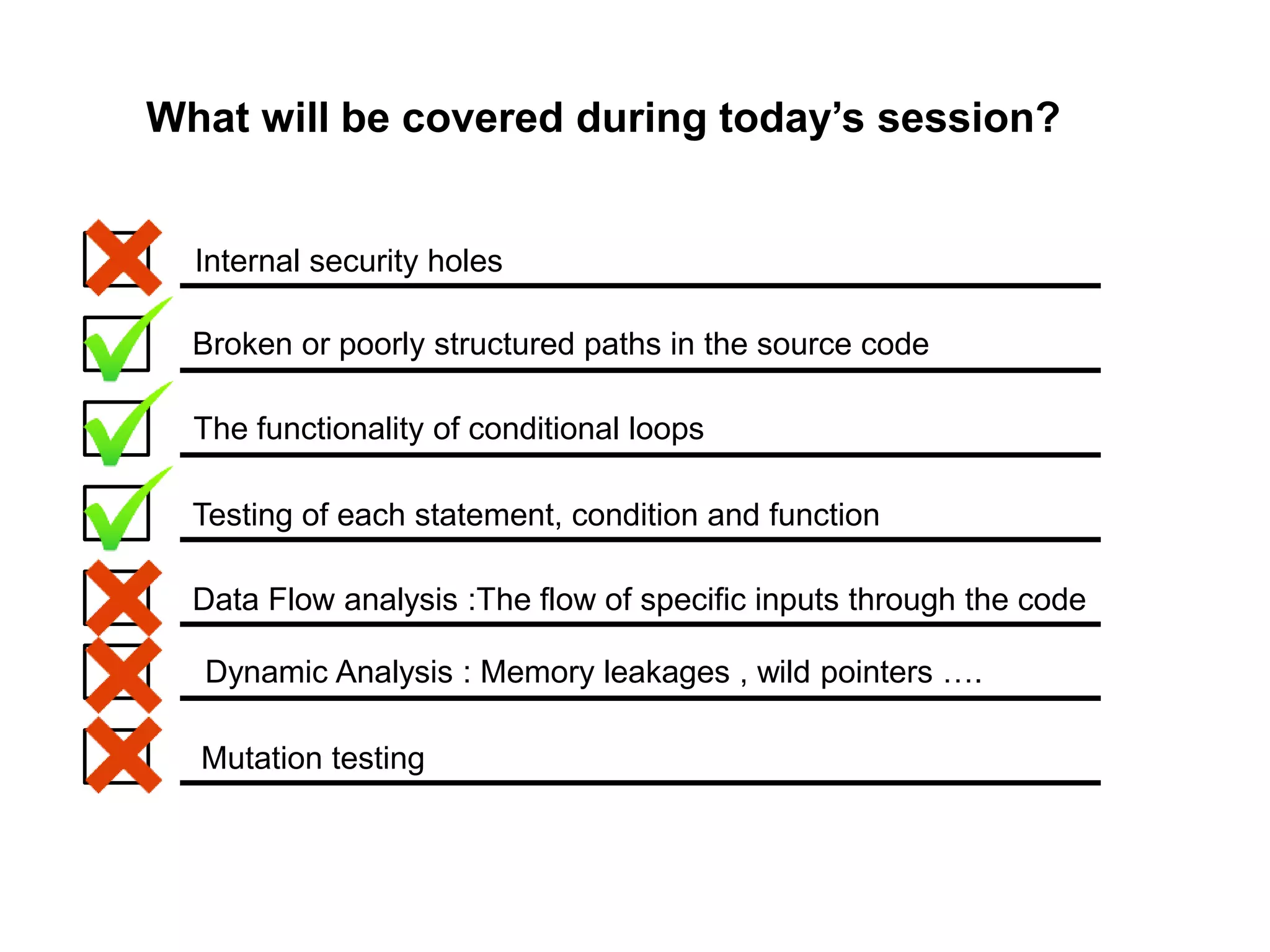 Internal security holes
Broken or poorly structured paths in the source code
The functionality of conditional loops
Testing of each statement, condition and function
Data Flow analysis :The flow of specific inputs through the code
Dynamic Analysis : Memory leakages , wild pointers ….
Mutation testing
What will be covered during today’s session?
 
