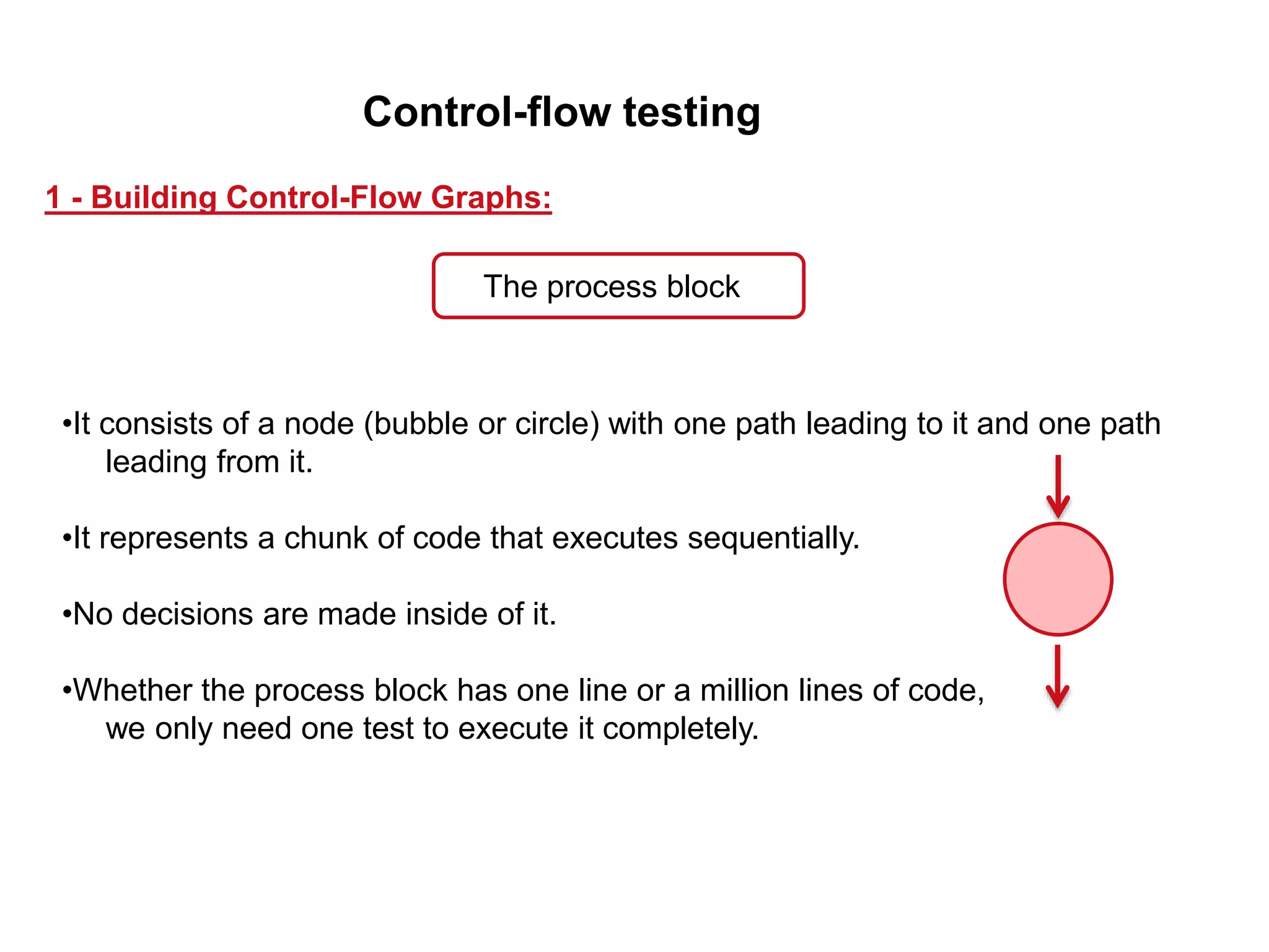 •It consists of a node (bubble or circle) with one path leading to it and one path
leading from it.
•It represents a chunk of code that executes sequentially.
•No decisions are made inside of it.
•Whether the process block has one line or a million lines of code,
we only need one test to execute it completely.
1 - Building Control-Flow Graphs:
Control-flow testing
The process block
 