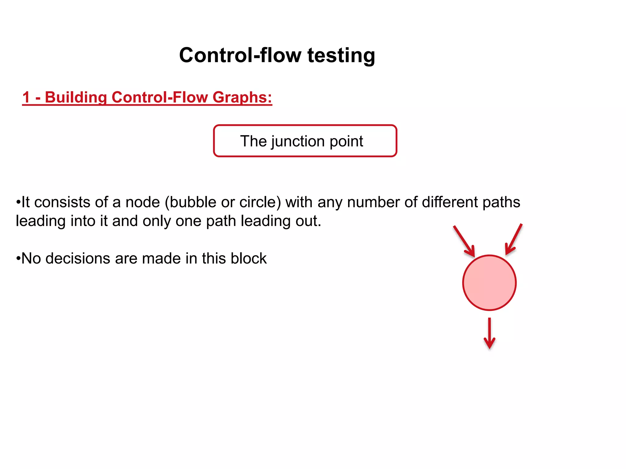 •It consists of a node (bubble or circle) with any number of different paths
leading into it and only one path leading out.
•No decisions are made in this block
1 - Building Control-Flow Graphs:
Control-flow testing
The junction point
 