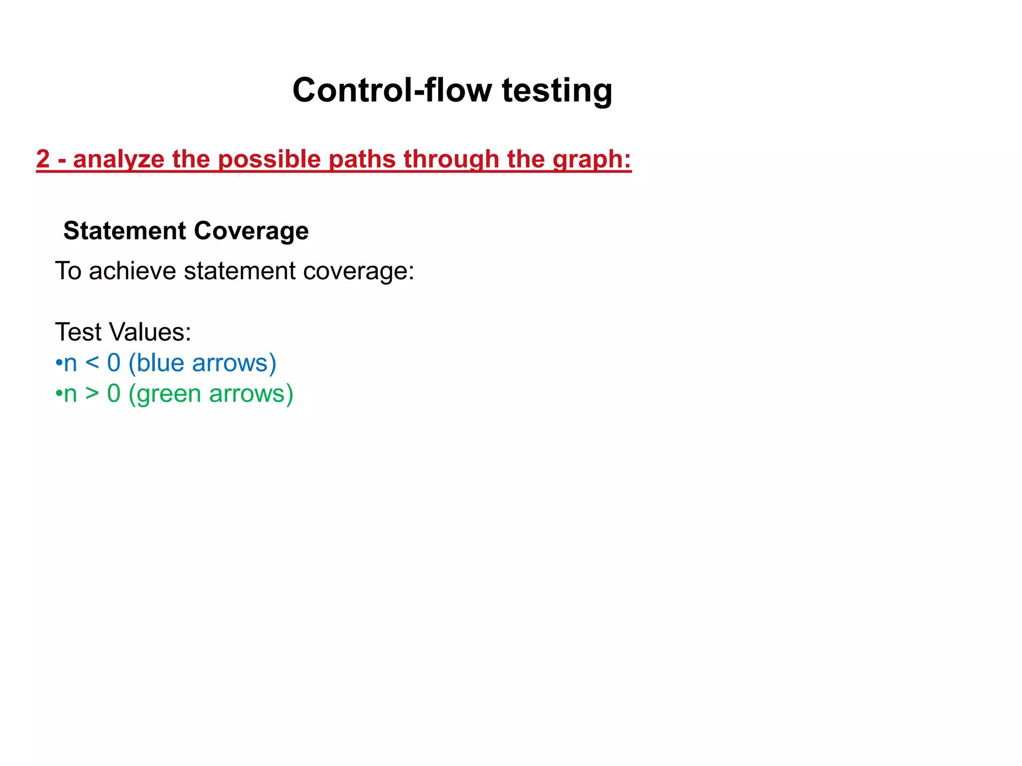 To achieve statement coverage:
Test Values:
•n < 0 (blue arrows)
•n > 0 (green arrows)
Statement Coverage
2 - analyze the possible paths through the graph:
Control-flow testing
 